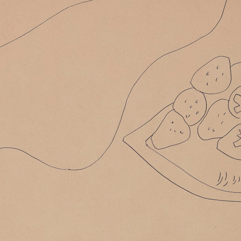 Delicate line drawing by iconic Pop artist Andy Warhol. In this unique drawing, Warhol portrays a single foot hovering over a heart-shaped dish adorn with fresh strawberries.