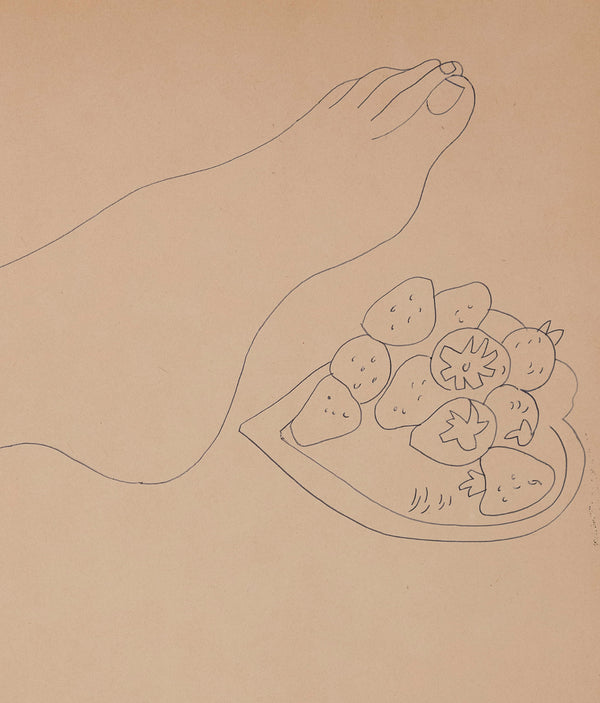 Delicate line drawing by iconic Pop artist Andy Warhol. In this unique drawing, Warhol portrays a single foot hovering over a heart-shaped dish adorn with fresh strawberries.