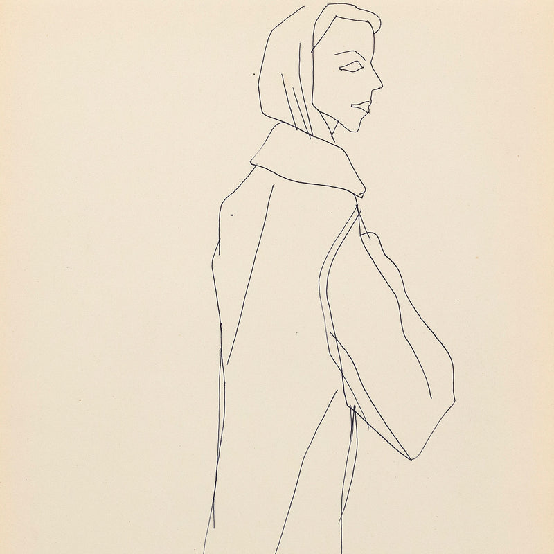 Andy Warhol "Famous Raincoat" c. 1955. Ballpoint pen line drawing featuring a woman in a raincoat, serving as a great example of Andy Warhol's pre-Pop fashion illustration.