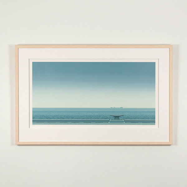 Christopher Pratt "Gaspe Passage" Color lithograph, 1981. Framed image of serene Canadian landscape art created by famous painter, Christopher Pratt. This print features a striking Quebec shoreline and showcases Pratt's captivating realist and minimalist aesthetic.