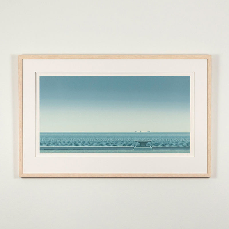 Christopher Pratt "Gaspe Passage" Color lithograph, 1981. Framed image of serene Canadian landscape art created by famous painter, Christopher Pratt. This print features a striking Quebec shoreline and showcases Pratt's captivating realist and minimalist aesthetic.