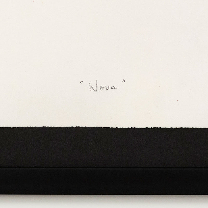 General Idea "Nova" Graphite pencil drawing, 1973. In this work, the word 'Nova' is stretched diagonally across the page and fragmented by three horizontal lines that run through the letters. The lines divide the letters into four segments, creating varying perspectives at each intersection and an unexpected graphic appeal.