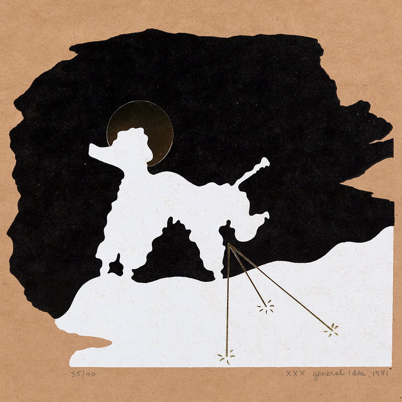 General Idea "A Poodle Creates a Portrait of General Idea as Three Pee Holes in the Snow"  Offset and gold hot-stamping on paper. Canada, 1981.