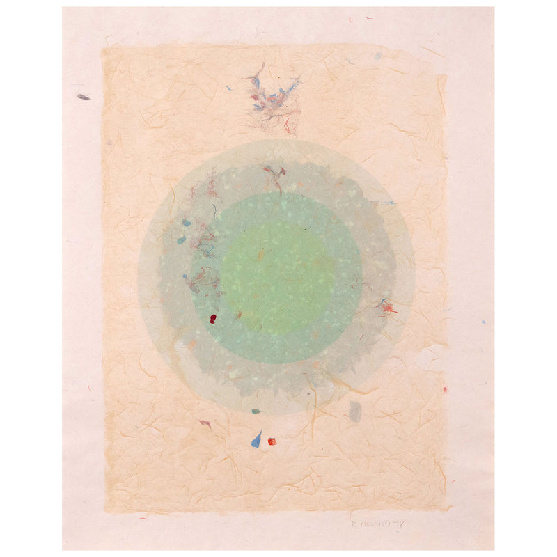 Kenneth Noland. "Circle Series I-35"  USA, 1978  Signed and dated 78 by the artist. The work is composed of five layers of colored pulp with elements of lithography printing. The vibrant celadon green in the center creates a glowing orb against the vanila background. The result is both alluring and hypnotic.