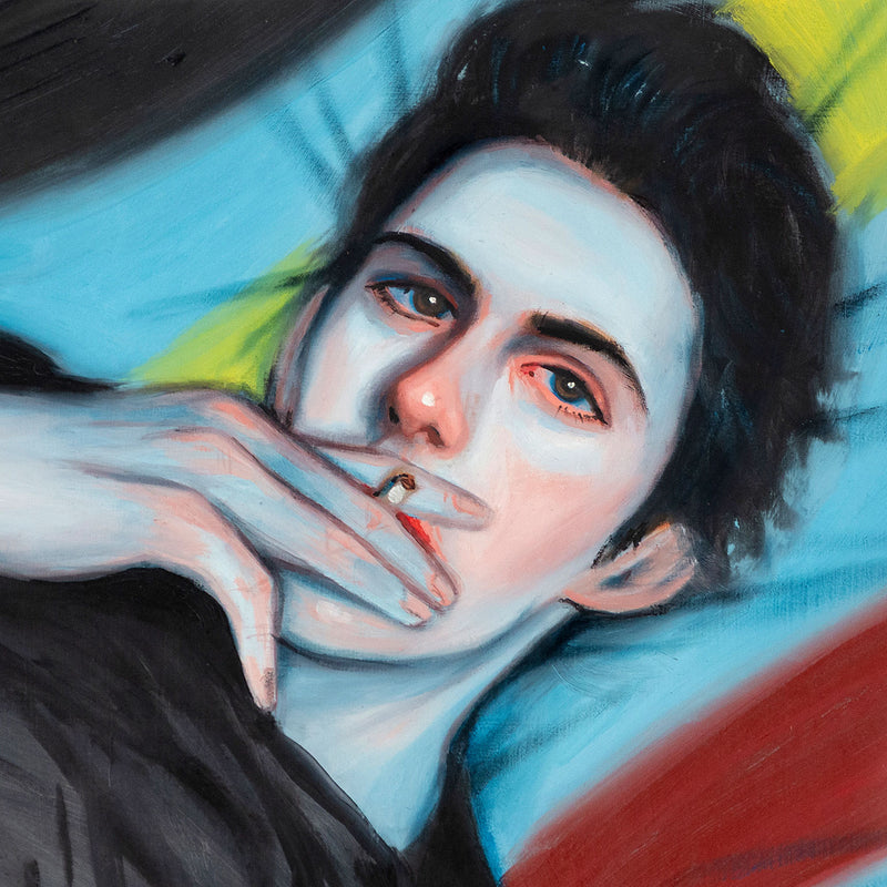 Kris Knight "Blue" Oil on paper, 2009. Pastel toned portrait featuring a contemplative reclining man.