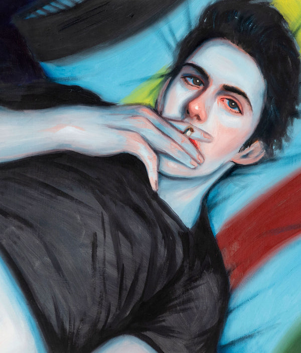 Kris Knight "Blue" Oil on paper, 2009. Pastel toned portrait featuring a contemplative reclining man.