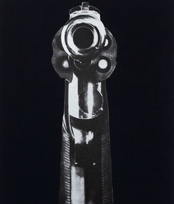 Robert Longo "Gun" Screenprint, 1994. Black and white screenprint that features a gun with innate hostility, directing the barrels at the viewer from point-blank range. 
