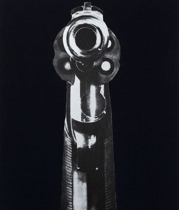 Robert Longo "Gun" Screenprint, 1994. Black and white screenprint that features a gun with innate hostility, directing the barrels at the viewer from point-blank range. 