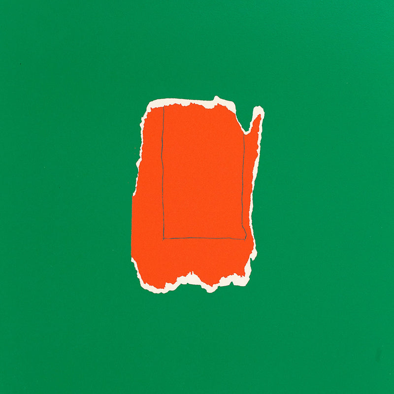"Spoleto Festival" screenprint from 1968 by famous American abstract expressionist artist Robert Motherwell. Bright hunter green background hosts a bold cinnabar colored swathe in the center of the sheet.