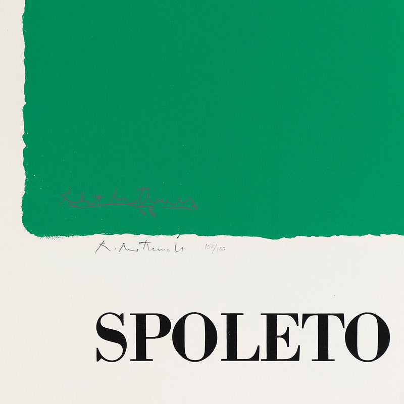"Spoleto Festival" screenprint from 1968 by famous American abstract expressionist artist Robert Motherwell. Bright hunter green background hosts a bold cinnabar colored swathe in the center of the sheet.