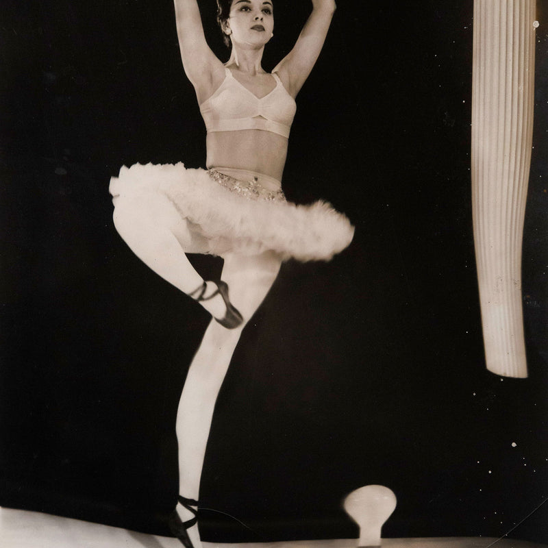 Close up image of famous photographer Weegee's distortion photos, featuring a beautiful ballerina captured in black and white photography. For sale in Toronto.