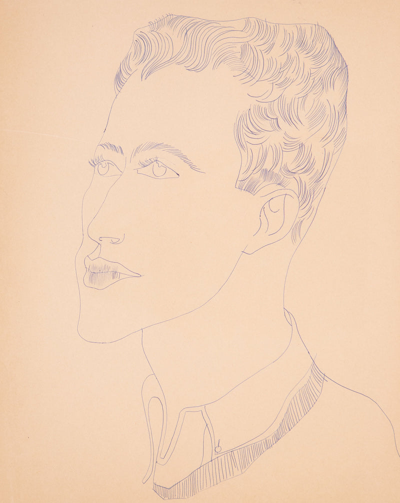 Andy Warhol original art for art collectors, available for sale,, American Art, Untitled "Portrait of a Young Man (Carlo)"  USA, Circa 1950  Blue ballpoint pen on manila paper  Stamped on verso by the Estate of Andy Warhol and the Andy Warhol Art Authentication Board, Inc. and numbered TOP200.111  16.25"H 13.75"W (work)  Very good condition.  Provenance: The Estate of Andy Warhol