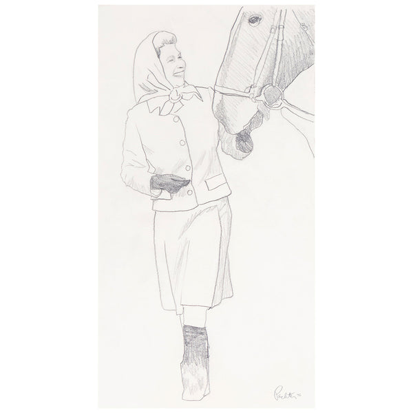 Charles Pachter, Canadian Art, "Queen on Moose"  Canada, 1976  Pencil on paper  Signed and dated by the artist  23.25"H 12.5"W (work)  Very good condition.