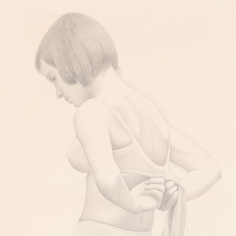Christopher Pratt, "Girl with Striped Towel,"  Canada, 1972,  Graphite on paper,  Signed, dated, and titled by the artist.  20.75"H 10"W (visible)  28.5"H 17.25"W (framed) , Very good condition. 