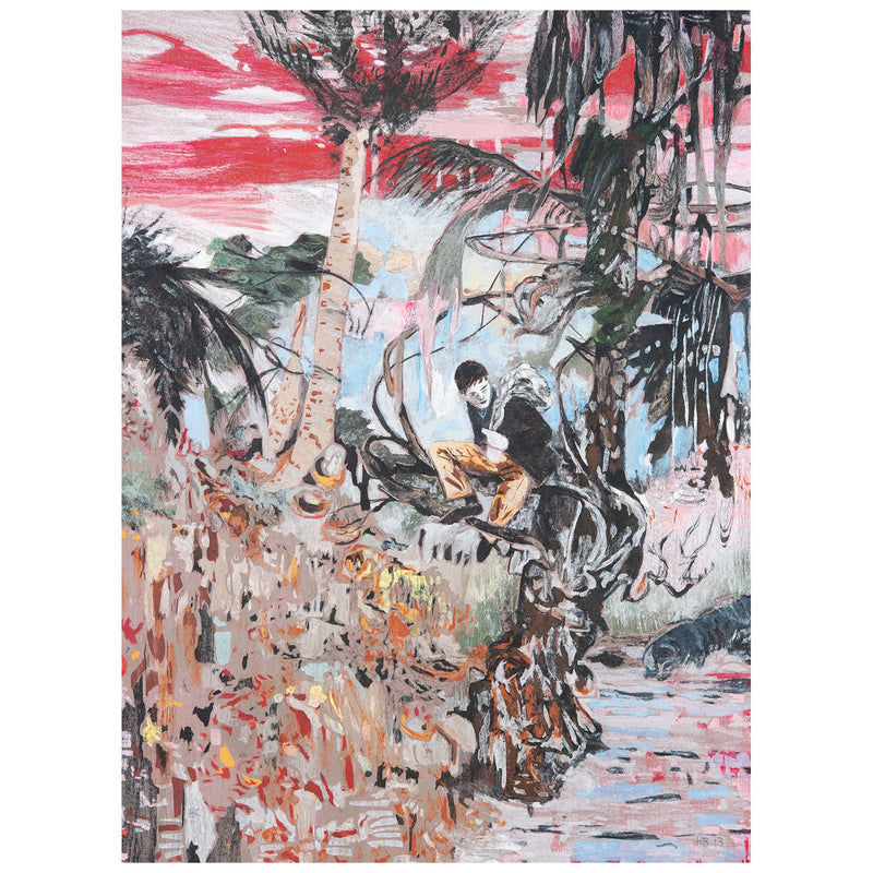 Hernan Bas, Miami American Artist, expressionistic figuration, Downhill at Dusk (the Runaway)  USA, 2013  Hand-stenciled pigmented linen pulp, on cotton-base sheet  Initialed by artist, bottom right  24"H 18"W (work)  29.75"H 24"W (framed)  From an edition of 30  Very good condition.