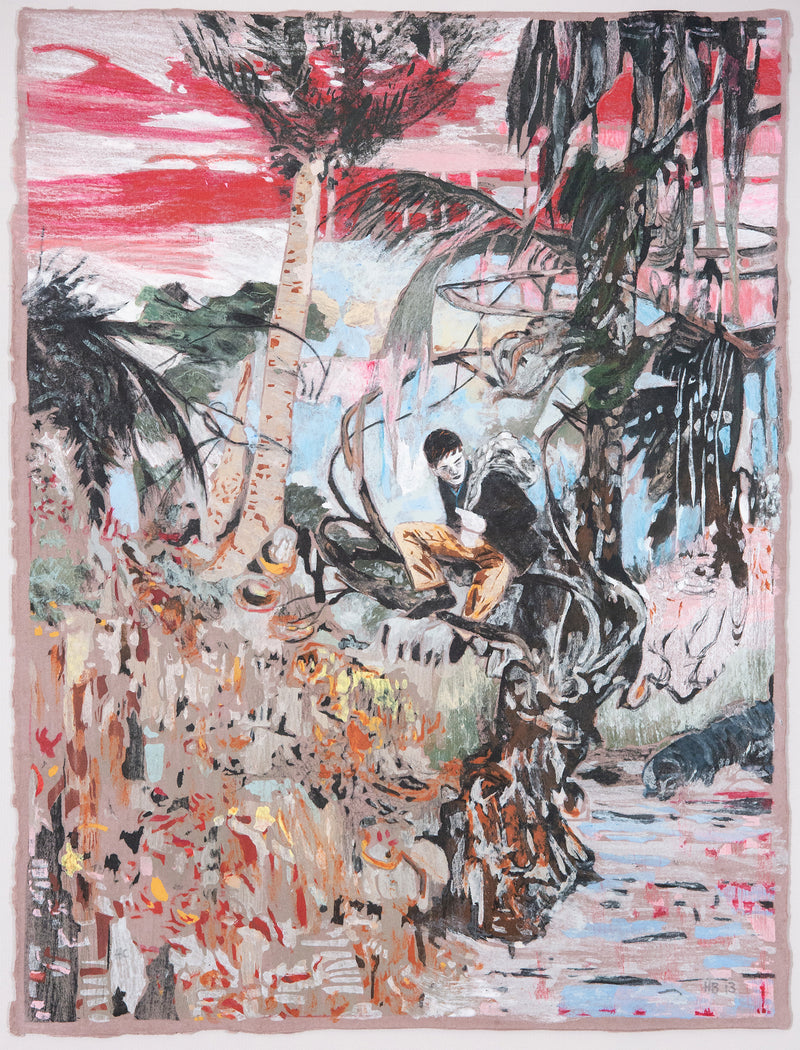 Hernan Bas, Miami American Artist, expressionistic figuration, Downhill at Dusk (the Runaway)  USA, 2013  Hand-stenciled pigmented linen pulp, on cotton-base sheet  Initialed by artist, bottom right  24"H 18"W (work)  29.75"H 24"W (framed)  From an edition of 30  Very good condition.