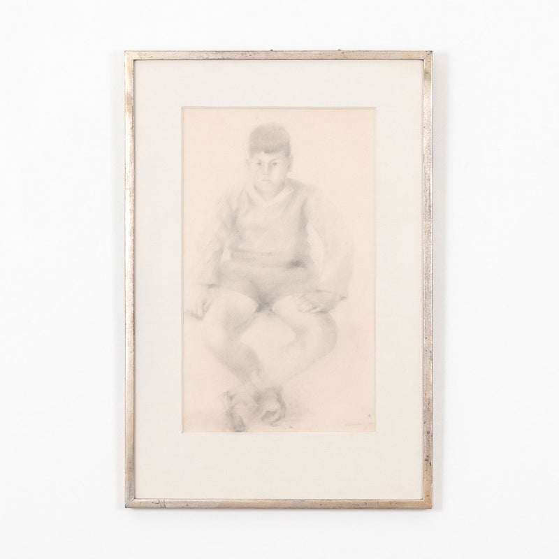 Jack Chambers, Canadian Art, "Study of a Young Boy in Sweater"   Spain, 1958  Graphite on paper  Signed and dated by artist  19"H 11.5"W (work)  26.75"H 18.25"W (framed)  Very good condition.