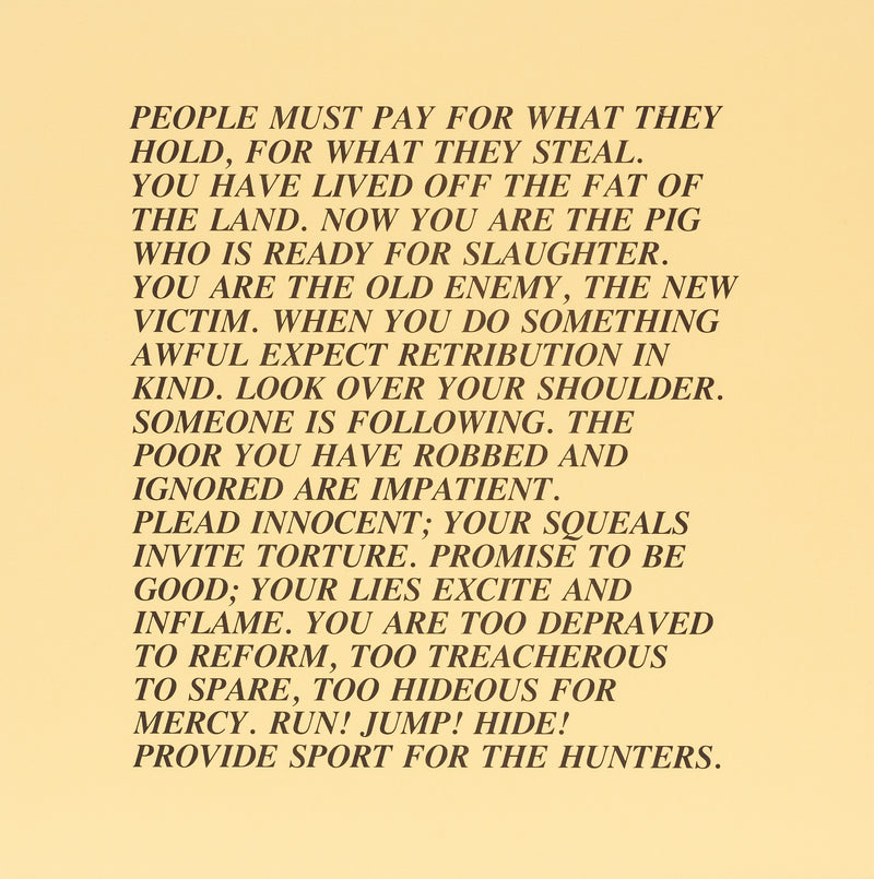 Jenny Holzer, "Inflammatory Essay" (from Documenta 1982)  Offset lithograph  17”H 17”W  Very good condition  Literature: "Jenny Holzer" by Diane Waldman 1989