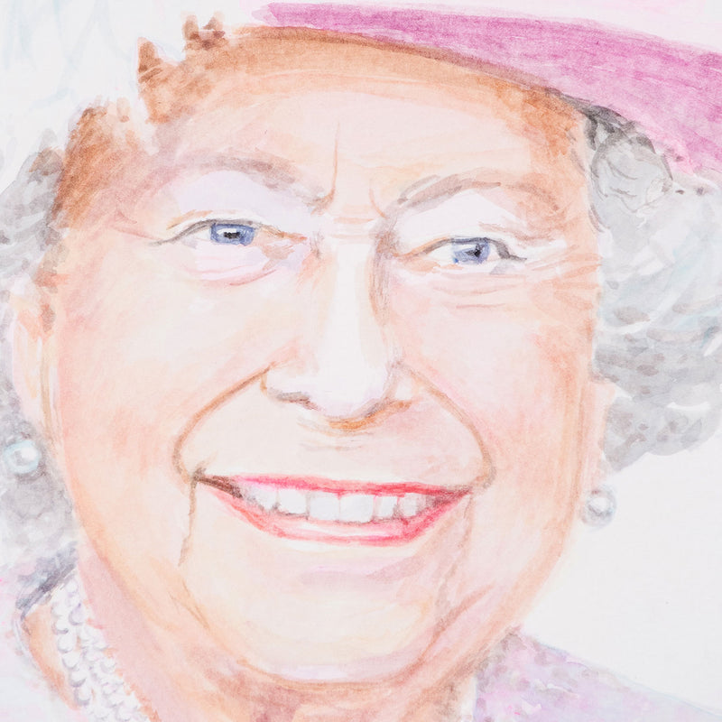 Joanne Tod "The Queen" Watercolor. 2022. With a delicate hand, Tod captures the Queen's likeness in this intimate and uplifting, close-cropped portrait. While it's not the first time Tod has taken inspiration from the Queen, here we have a much more personal and friendly depiction of the subject.