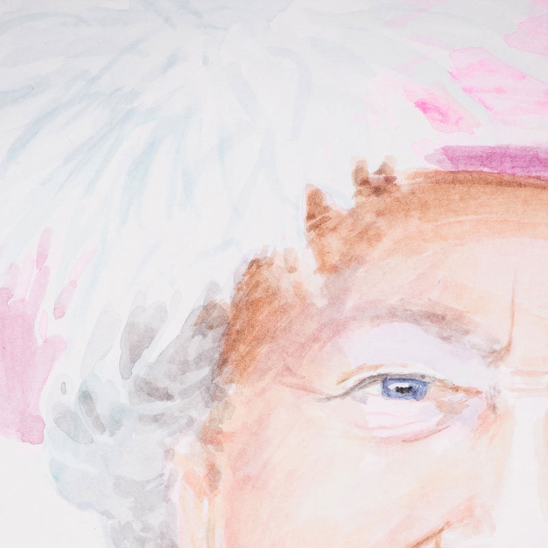 Joanne Tod "The Queen" Watercolor. 2022. With a delicate hand, Tod captures the Queen's likeness in this intimate and uplifting, close-cropped portrait. While it's not the first time Tod has taken inspiration from the Queen, here we have a much more personal and friendly depiction of the subject.