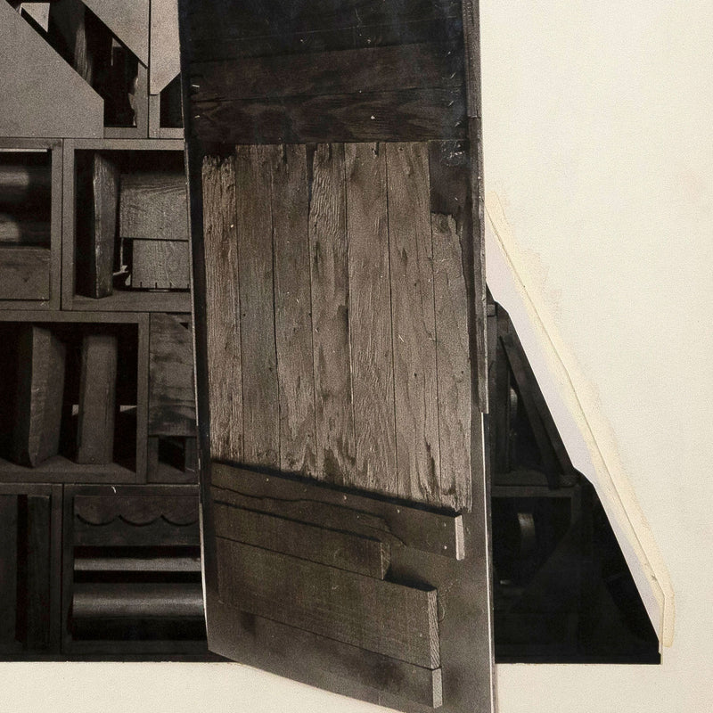 Louise Nevelson "By the Lake" Working collage. 1996. This particular maquette has a few variations from the final print. Most notably the stark background is replaced with a cerulean blue and Nevelson's hand-written notes vanish. "By the Lake" is the only work in the series that appears on this muted blue background. This bold primary color is an anomaly in Nevelson's world.