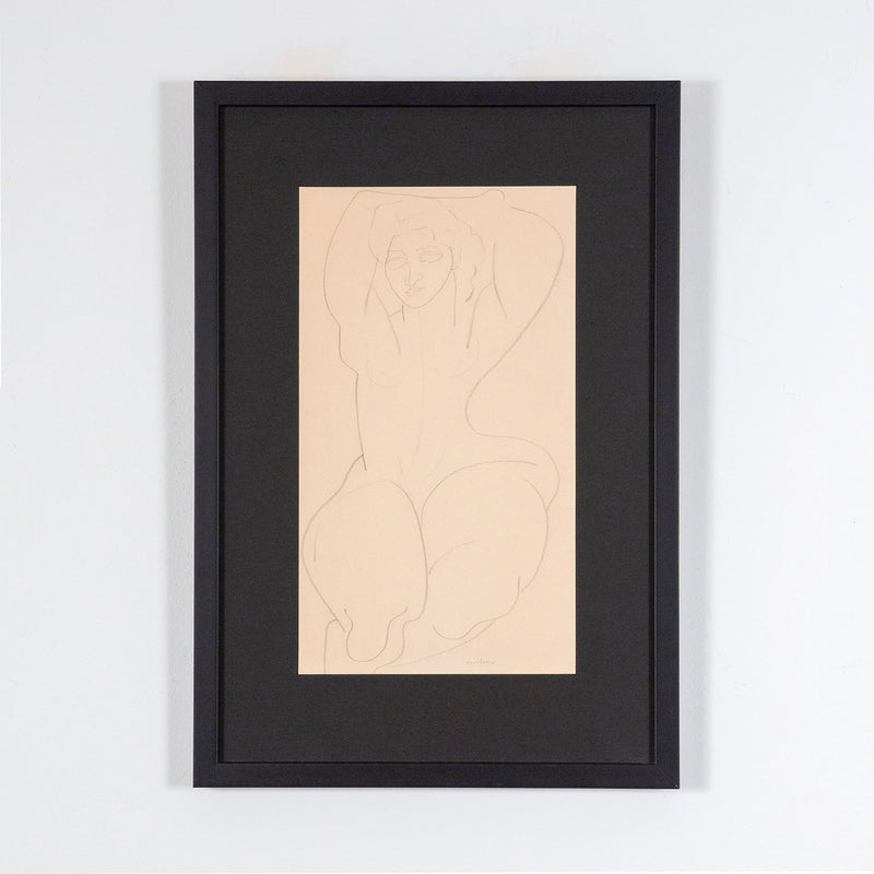 Louise Nevelson "Folded Nude" Drawing, circa 1930s. This simplistic piece features a nude woman, her arms held over her head as she exposes the soft curvatures of her body. Completed in pencil, this drawing captures the woman's essence with  just a few lines.