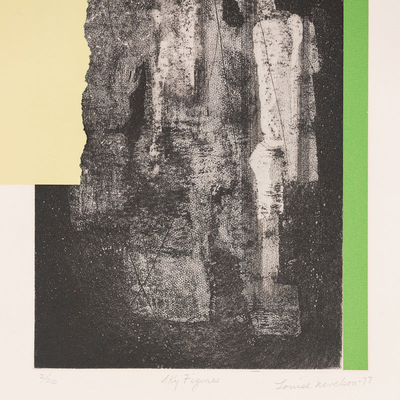 Original Louise Nevelson artwork available for sale, "Sky Figures"  USA, 1977  Etching, aquatint, and collage  Signed, numbered, and titled by the artist.   From an edition of 20  29.5"H 22.25"W (work)   33"H 25.25"W (framed)   Framed with museum glass  Very good condition Original Louise Nevelson Art for sale at Caviar20 Art Gallery Toronto