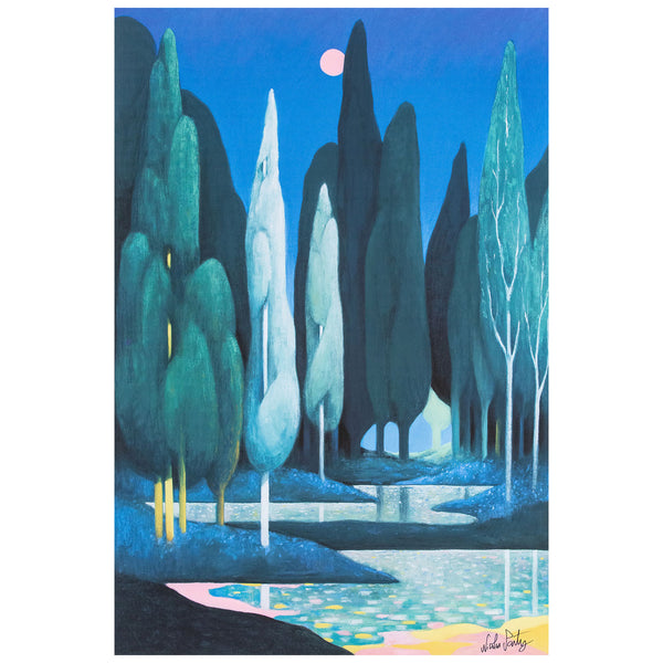 Nicolas Party "Landscape" Poster, 2021. Midnight landscape featuring tall cypress tress in cool tones.