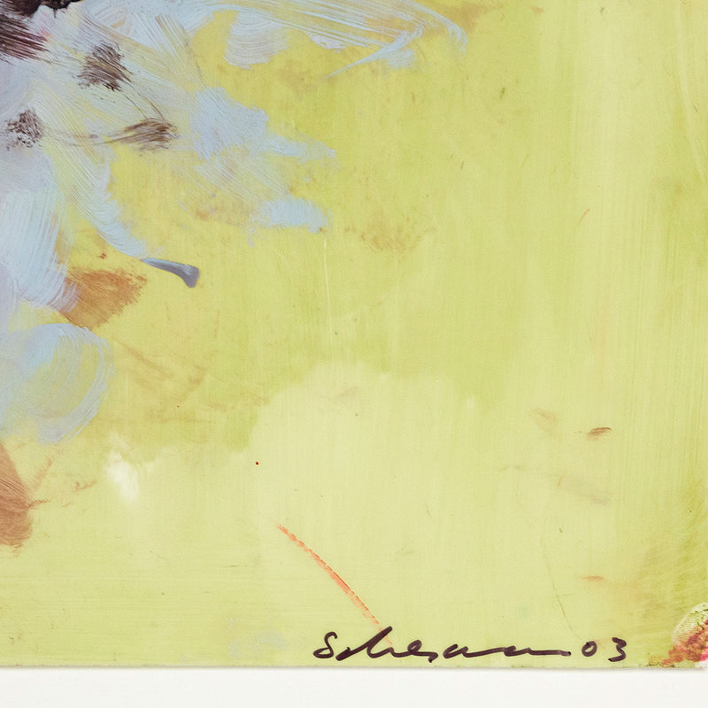 Tony Scherman, Peonies, Encaustic painting, 2003, Caviar 20, close-up detail showing artist's signature and date