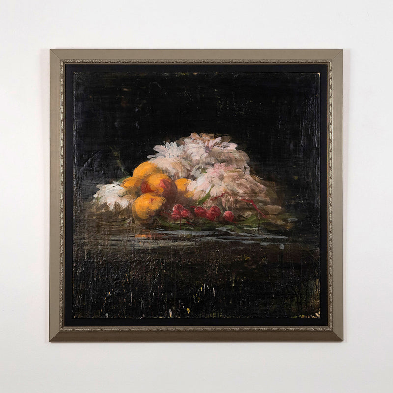 Tony Scherman "Milan Still Life" Painting, 1994. Moody still life painting featuring well lit fruit and flowers against a dark backgrop.