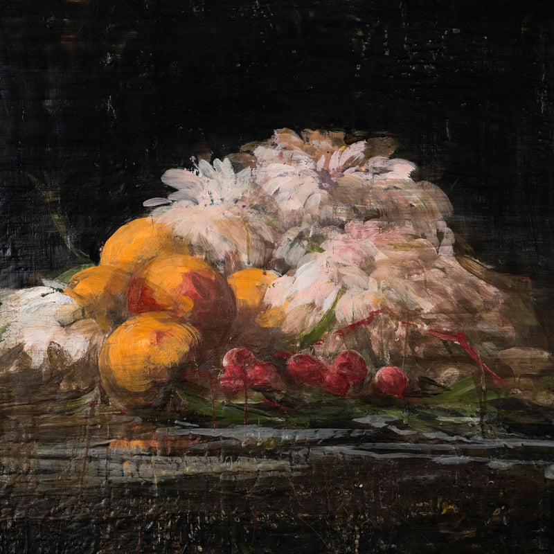 Tony Scherman "Milan Still Life" Painting, 1994. Moody still life painting featuring well lit fruit and flowers against a dark backgrop.