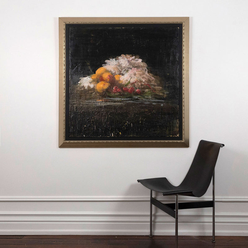 Tony Scherman "Milan Still Life" Painting, 1994. Moody still life painting featuring well lit fruit and flowers against a dark backgrop.