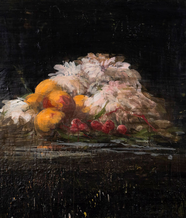 Tony Scherman "Milan Still Life" Painting, 1994. Moody still life painting featuring well lit fruit and flowers against a dark backgrop.