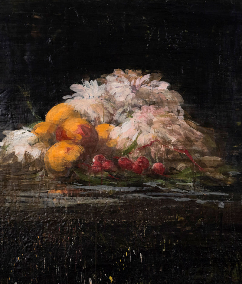 Tony Scherman "Milan Still Life" Painting, 1994. Moody still life painting featuring well lit fruit and flowers against a dark backgrop.