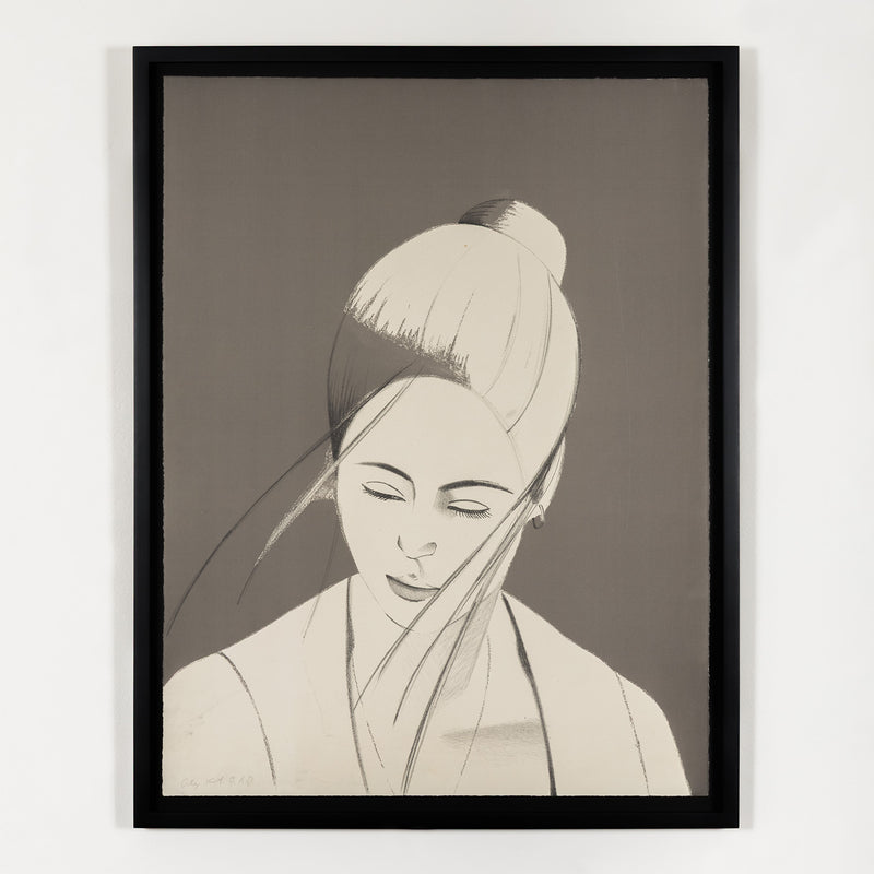 alex katz pamela in gray 1976 lithograph and screenprint on paper iconic image portraiture american artist collect alex katz buy alex katz sell alex katz rackstraw and pamela study painting skilled printmaker portrait alex katz portraiture alex katz figurative framed monochromatic monochrome black and grey white and grey 