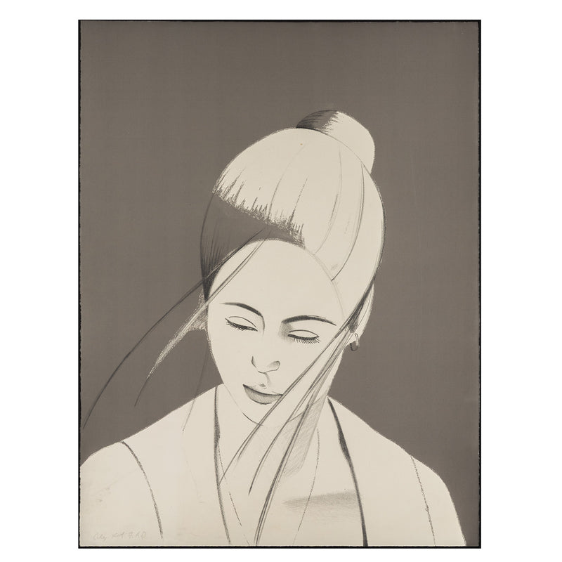 alex katz pamela in gray 1976 lithograph and screenprint on paper iconic image portraiture american artist collect alex katz buy alex katz sell alex katz rackstraw and pamela study painting skilled printmaker portrait alex katz portraiture alex katz figurative framed monochromatic monochrome black and grey white and grey 