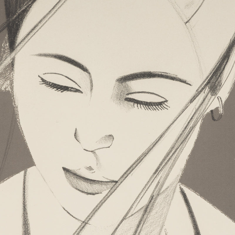 alex katz pamela in gray 1976 lithograph and screenprint on paper iconic image portraiture american artist collect alex katz buy alex katz sell alex katz rackstraw and pamela study painting skilled printmaker portrait alex katz portraiture alex katz figurative framed monochromatic monochrome black and grey white and grey AP artist proof
