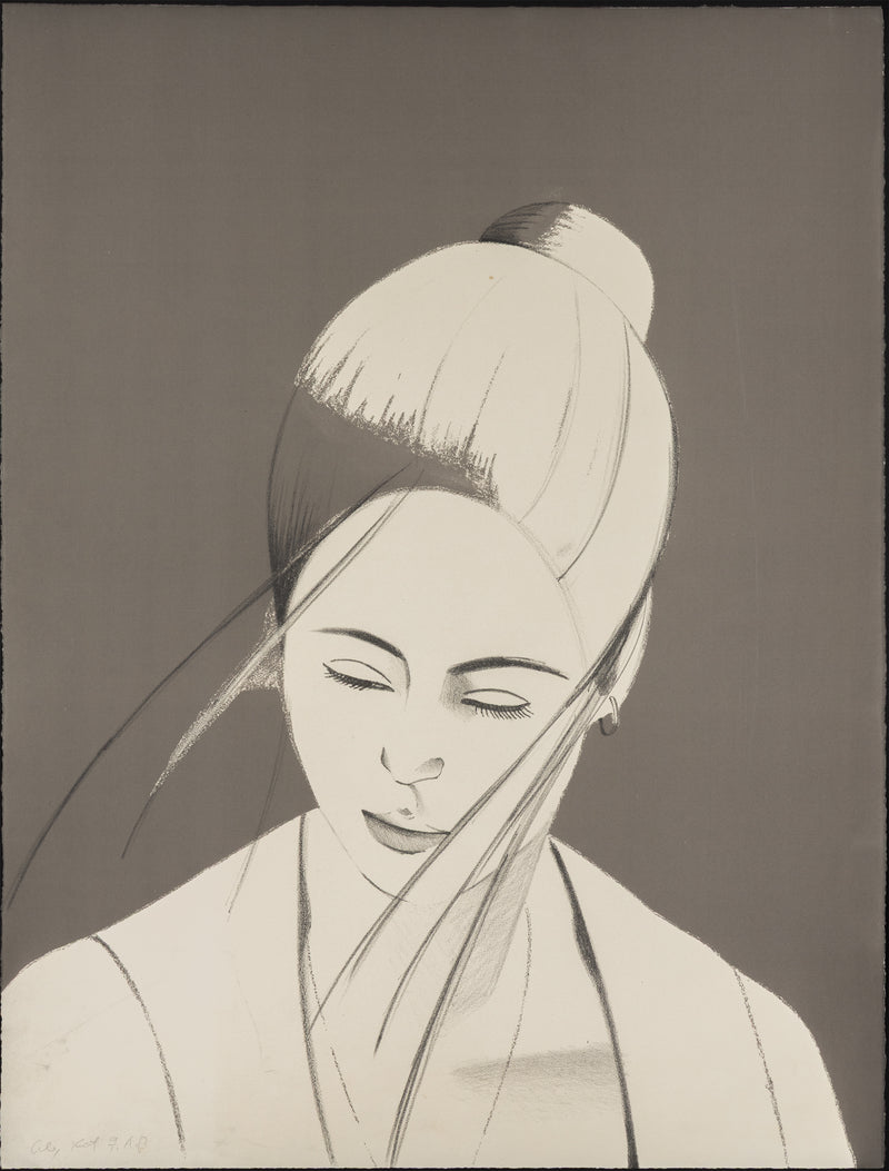 alex katz pamela in gray 1976 lithograph and screenprint on paper iconic image portraiture american artist collect alex katz buy alex katz sell alex katz rackstraw and pamela study painting skilled printmaker portrait alex katz portraiture alex katz figurative framed monochromatic monochrome black and grey white and grey AP artist proof high-res highres 