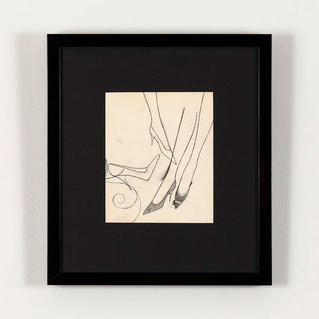 Andy Warhol unique fashion illustration circa 1950. With the lightest touch, Warhol renders the shoes with a gentle whimsy, an evocative style that is now synonymous with the artist's formative years as a commercial illustrator in New York City.