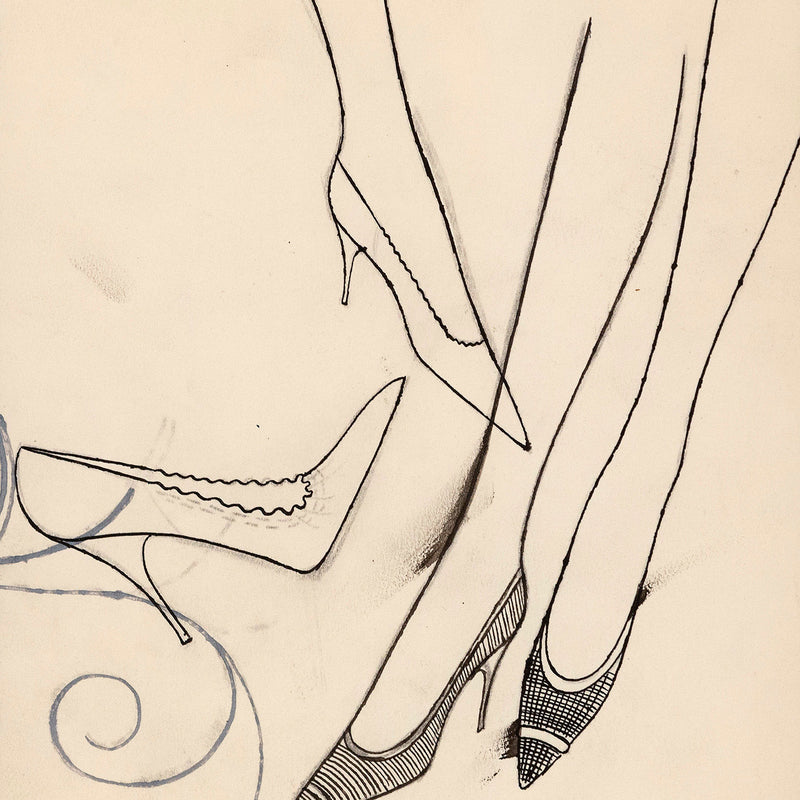 Andy Warhol unique fashion illustration circa 1950. With the lightest touch, Warhol renders the shoes with a gentle whimsy, an evocative style that is now synonymous with the artist's formative years as a commercial illustrator in New York City.