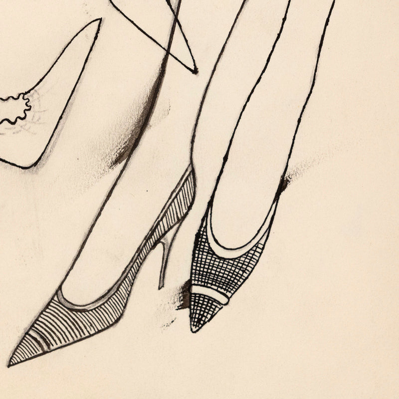 Andy Warhol unique fashion illustration circa 1950. With the lightest touch, Warhol renders the shoes with a gentle whimsy, an evocative style that is now synonymous with the artist's formative years as a commercial illustrator in New York City.