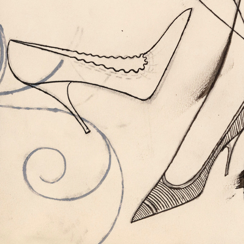 Andy Warhol unique fashion illustration circa 1950. With the lightest touch, Warhol renders the shoes with a gentle whimsy, an evocative style that is now synonymous with the artist's formative years as a commercial illustrator in New York City.