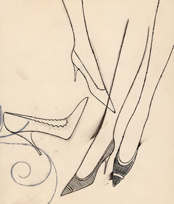 Andy Warhol unique fashion illustration circa 1950. With the lightest touch, Warhol renders the shoes with a gentle whimsy, an evocative style that is now synonymous with the artist's formative years as a commercial illustrator in New York City.