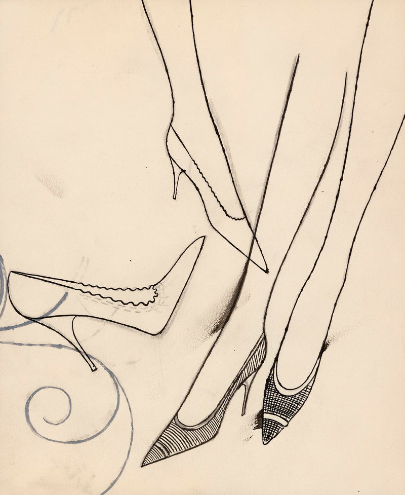 Andy Warhol unique fashion illustration circa 1950. With the lightest touch, Warhol renders the shoes with a gentle whimsy, an evocative style that is now synonymous with the artist's formative years as a commercial illustrator in New York City.