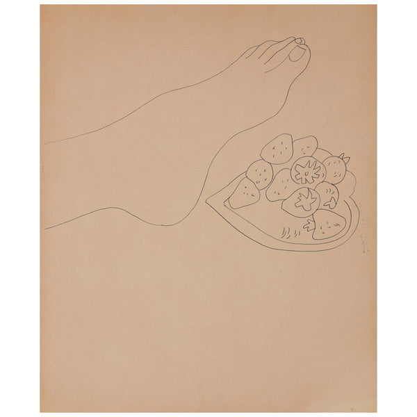 Delicate line drawing by iconic Pop artist Andy Warhol. In this unique drawing, Warhol portrays a single foot hovering over a heart-shaped dish adorn with fresh strawberries.