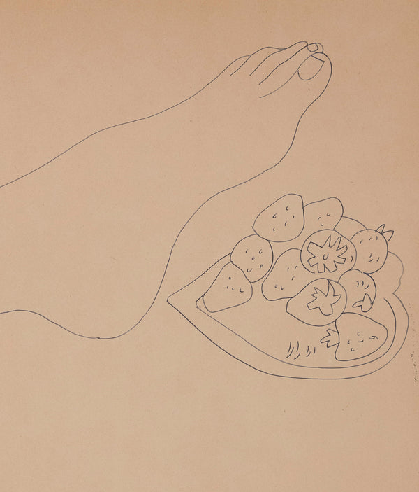Delicate line drawing by iconic Pop artist Andy Warhol. In this unique drawing, Warhol portrays a single foot hovering over a heart-shaped dish adorn with fresh strawberries.