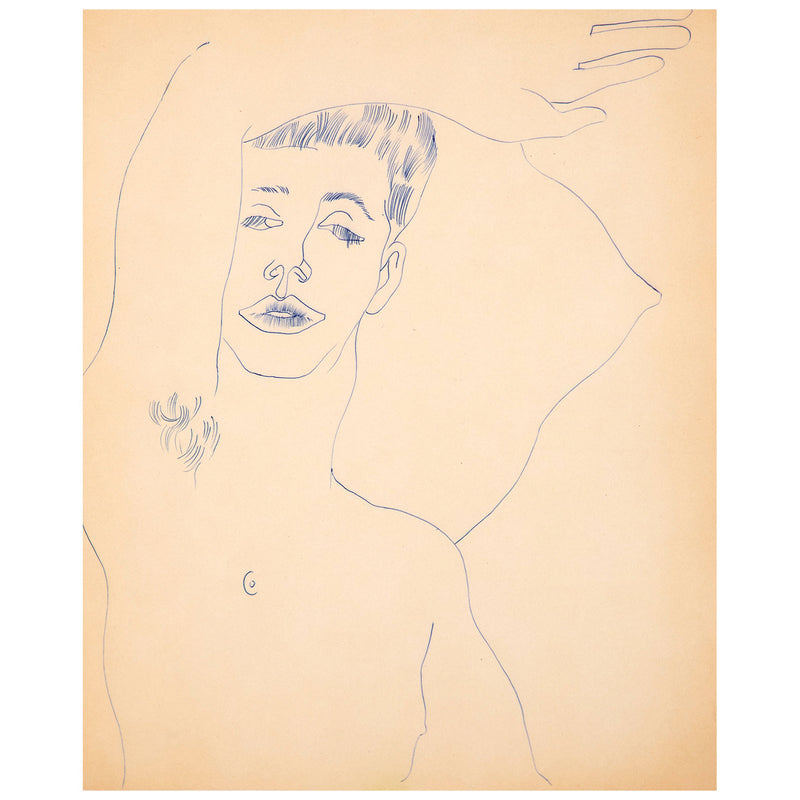 Original Andy Warhol ballpoint pen drawing featuring a man draped over a pillow, his arm resting gently on his forehead as he closes his eyes with a soft gaze. Completed c.1955.