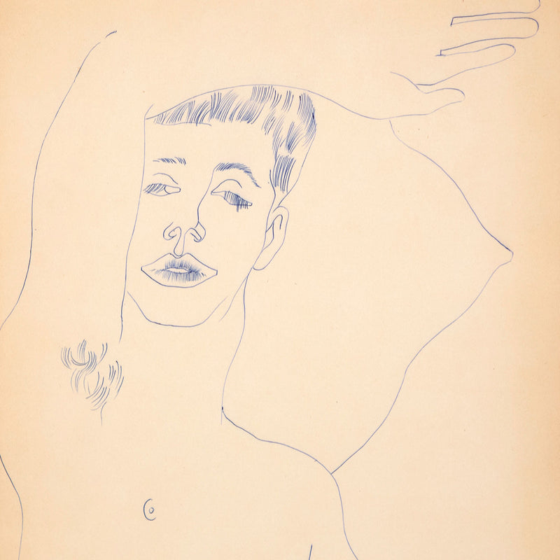 Original Andy Warhol ballpoint pen drawing featuring a man draped over a pillow, his arm resting gently on his forehead as he closes his eyes with a soft gaze. Completed c.1955.