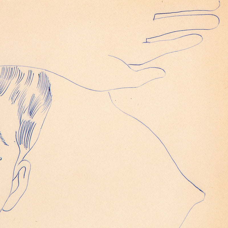 Original Andy Warhol ballpoint pen drawing featuring a man draped over a pillow, his arm resting gently on his forehead as he closes his eyes with a soft gaze. Completed c.1955.