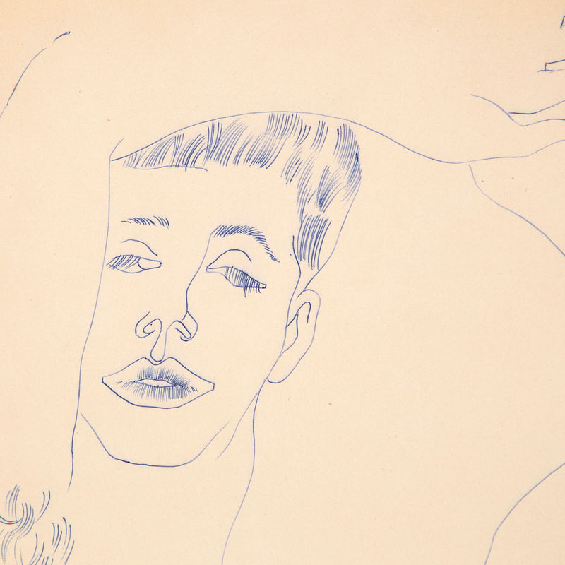 Original Andy Warhol ballpoint pen drawing featuring a man draped over a pillow, his arm resting gently on his forehead as he closes his eyes with a soft gaze. Completed c.1955.